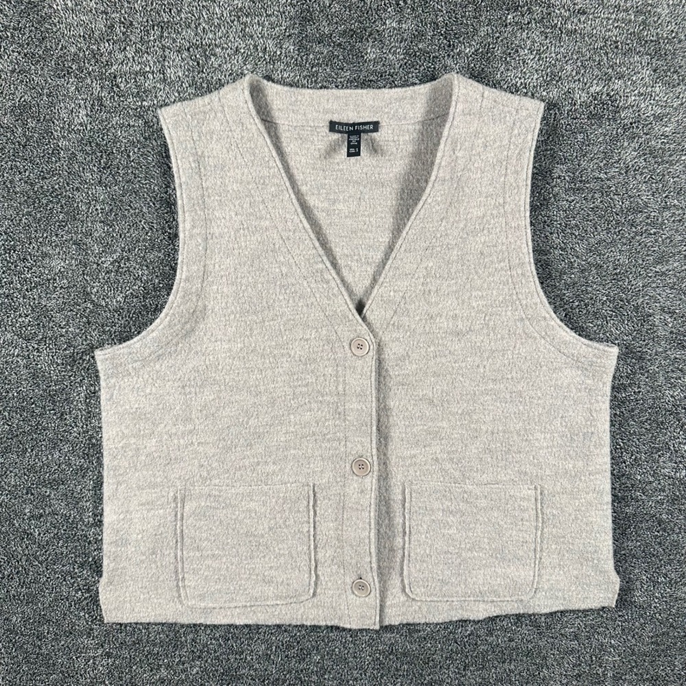 Eileen Fisher Wool Vest Womens S Cream Boiled Wool Button Front Pocket Layering